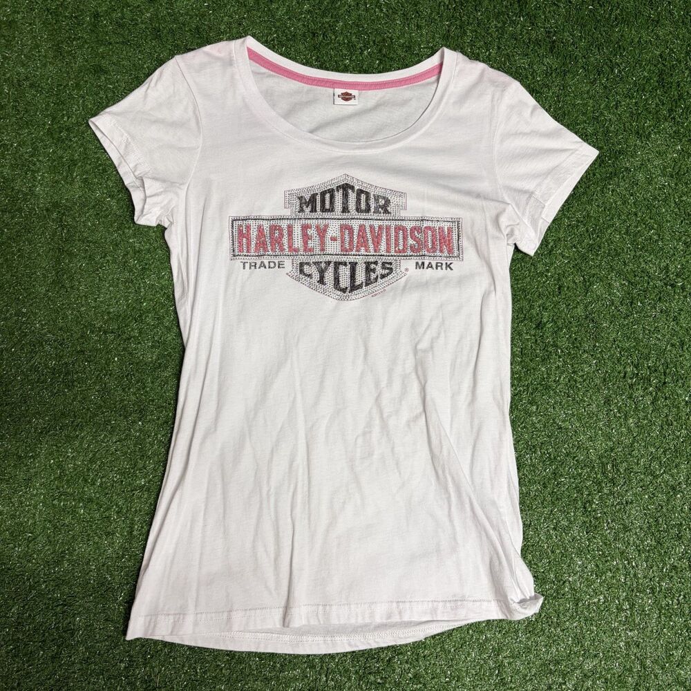 Harley‑Davidson Women’s Small White Tee Pink Rhinestone Graphic Short Sleeve
